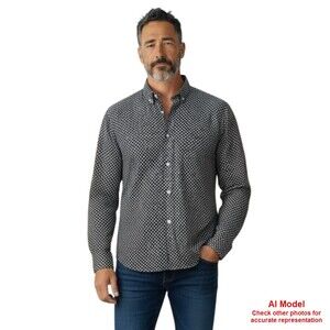 Simons Le31 L/S XL Mens Shirt Cotton Button Up Black Grey Micro Geometric